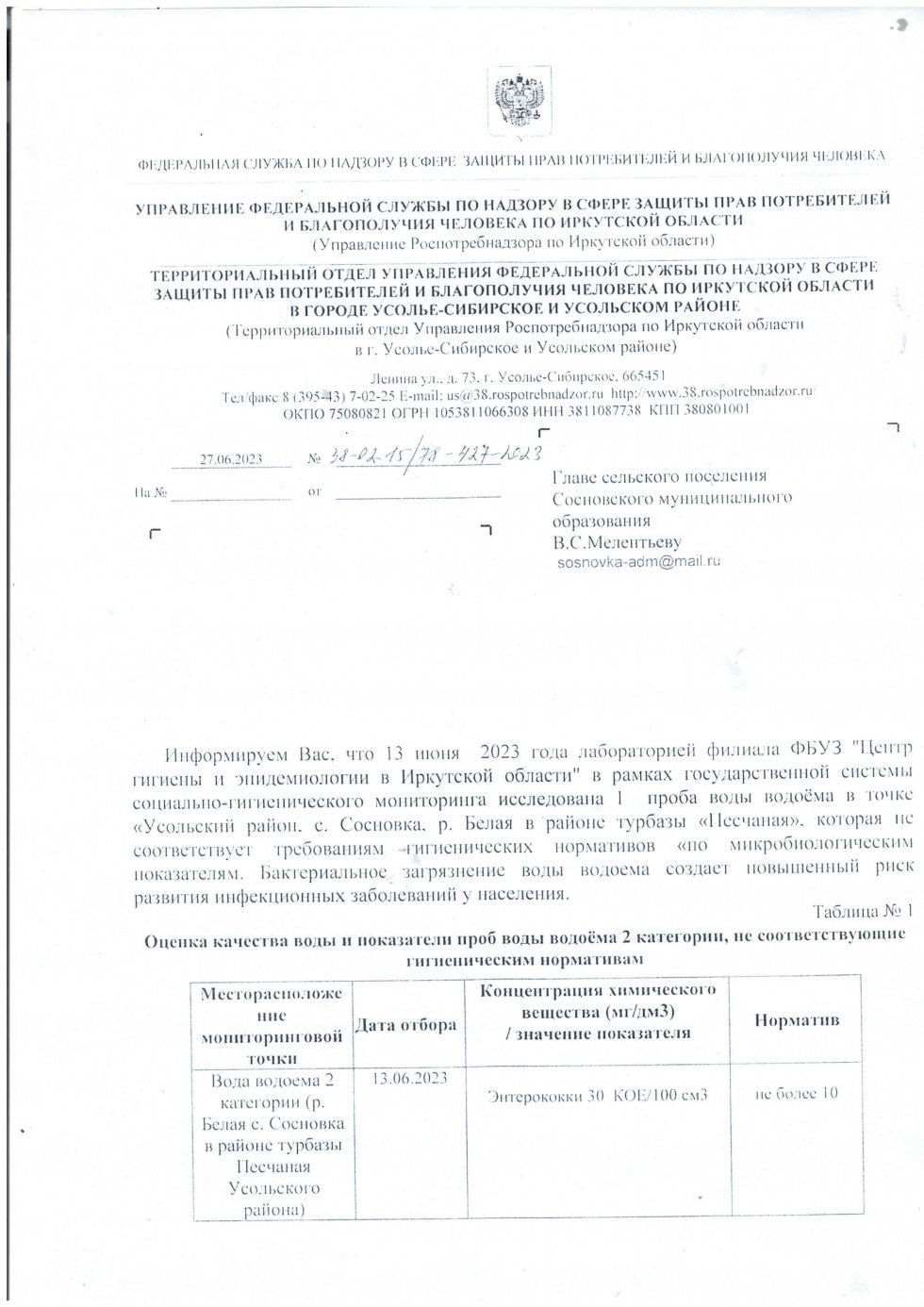 Проба воды  водоёма в точке "Усольский район с. Сосновка  р. Белая в районе турбазы "Песчанная""